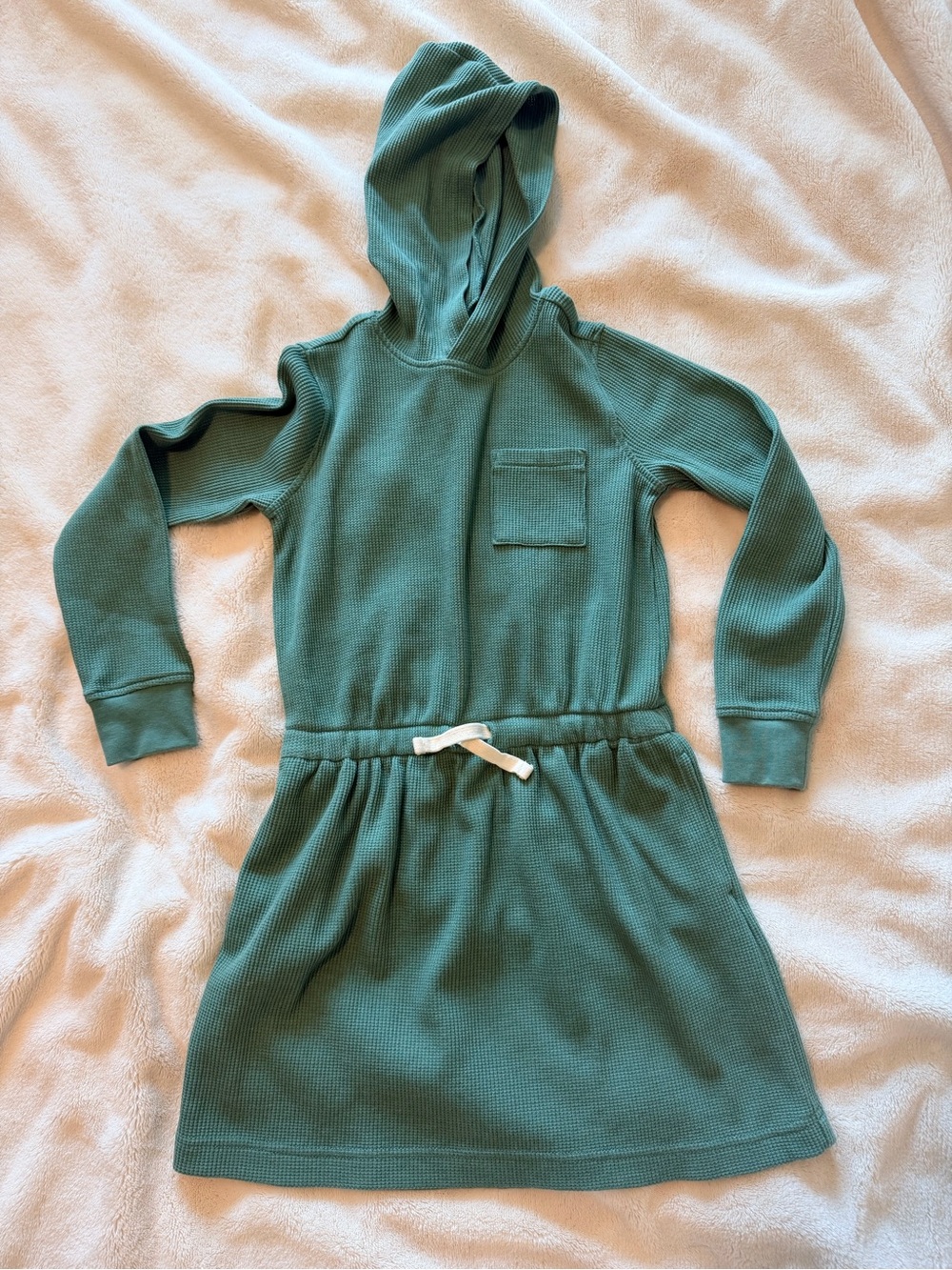 Primary Green Hooded Waffle-Knit Dress with Drawstring